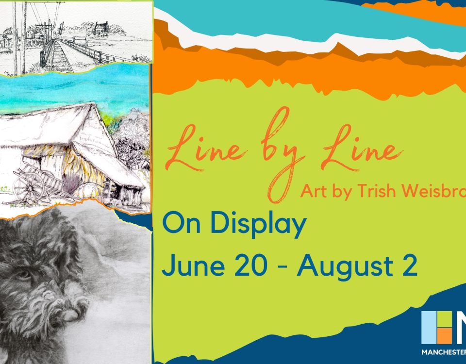 Promotional image for the gallery exhibit "Line by Line" graphite art by Trish Weisbrot. Three of her art pieces are featured on the left, with exhibit details on the right.