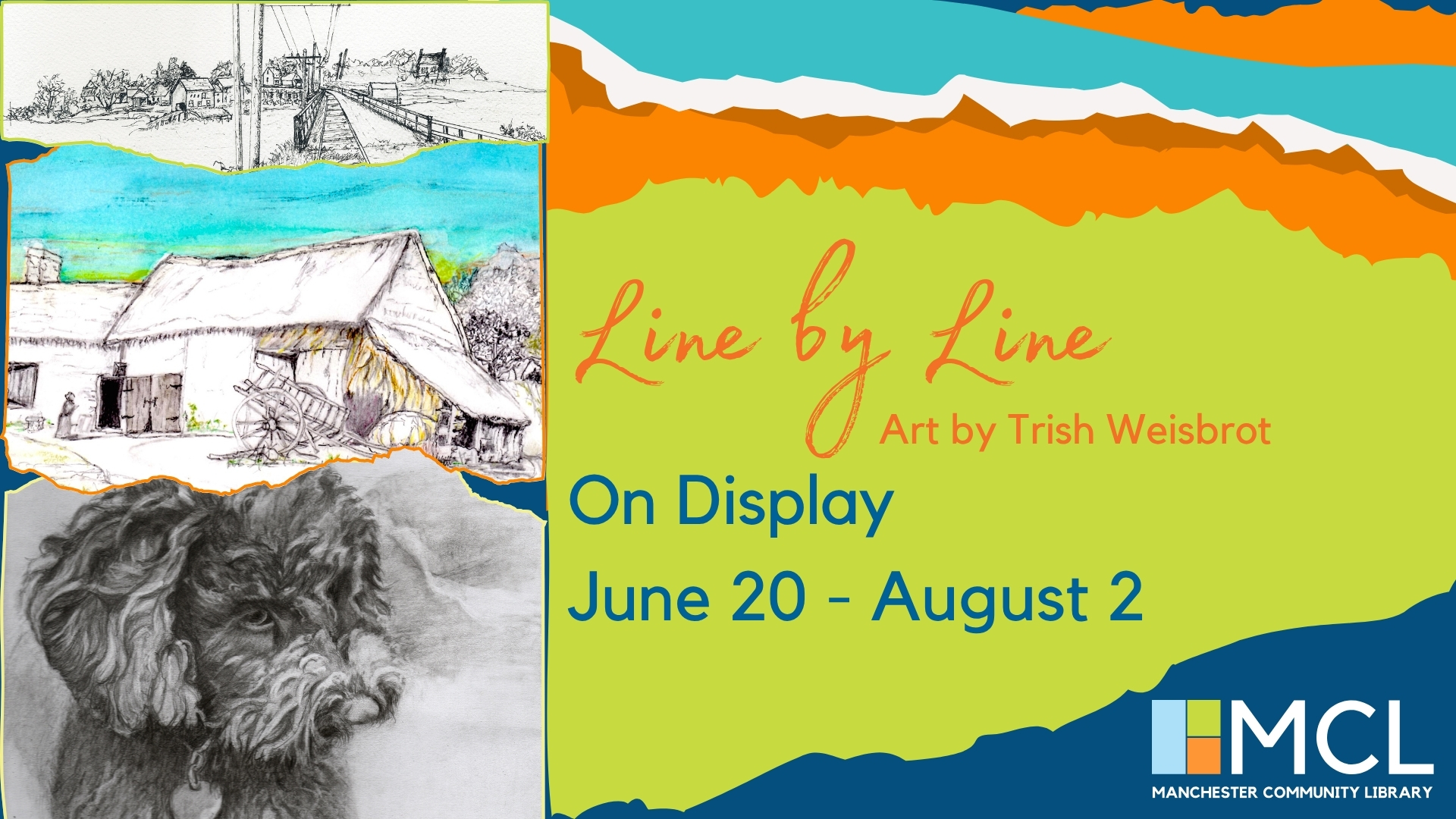 Promotional image for the gallery exhibit "Line by Line" graphite art by Trish Weisbrot. Three of her art pieces are featured on the left, with exhibit details on the right.