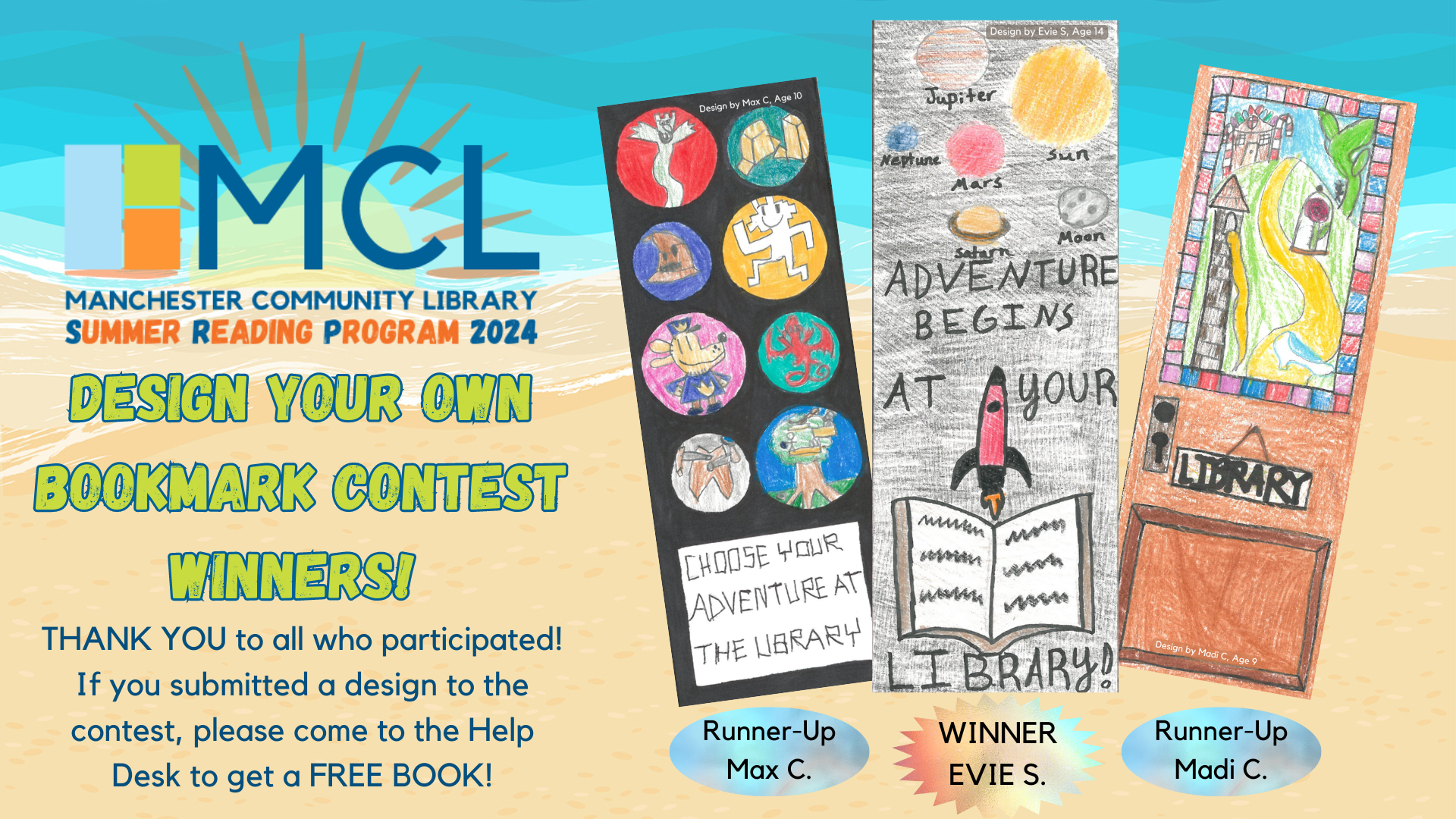 Summer Reading Program 2024 Design Your Own Bookmark Contest Winners!