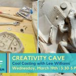 Promotional image for March 19 2025 Creativity Cave event, Cool Casting with Lee Williams. Shows an image of a clay mould with multiple shapes next to a finished plaster frog.