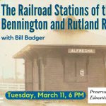 Promotional image of the Railroad Stations of the Bennington and Rutland Railroad presentation by Manchester Historical Society at the Library. Depicts Alfrecha Railroad Station in Clarendon, VT. A small building beside railroad tracks with a peaked hip roof and a large window, presumably for ticket sales. "Alfrecha" is in large white letters on a sign above the window.