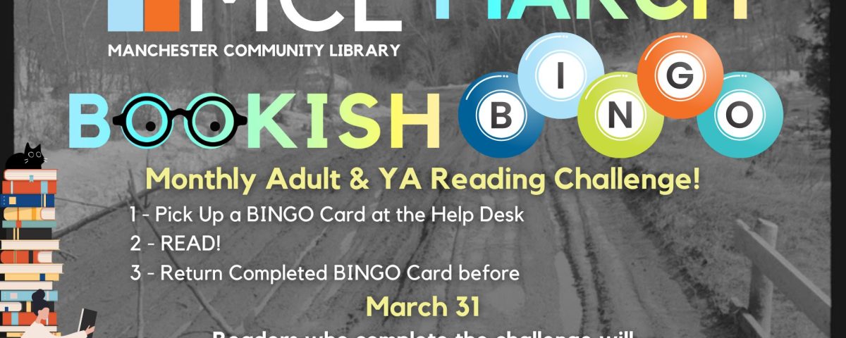 Promotional image for MCL's monthly bookish bingo for March. Includes instructions for playing. Text is set over an image of a dirt road thawing during mud season.
