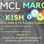 Promotional image for MCL's monthly bookish bingo for March. Includes instructions for playing. Text is set over an image of a dirt road thawing during mud season.