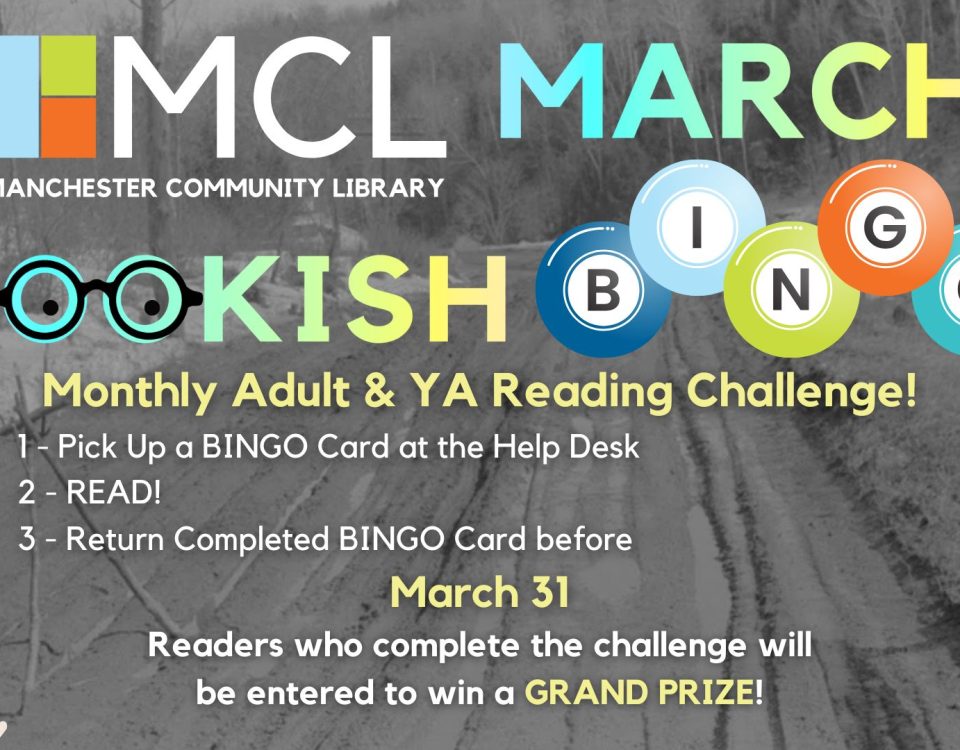 Promotional image for MCL's monthly bookish bingo for March. Includes instructions for playing. Text is set over an image of a dirt road thawing during mud season.