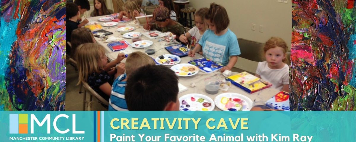 Promotional image for the MCL Creativity Cave on April 2, 2025. Depicts many children seated at a long table, painting above text outlining the event title, date, and time.