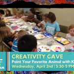 Promotional image for the MCL Creativity Cave on April 2, 2025. Depicts many children seated at a long table, painting above text outlining the event title, date, and time.