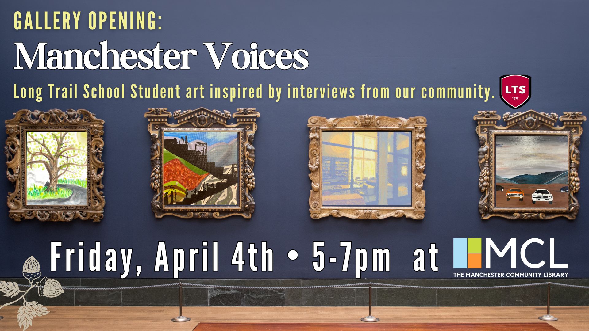 Promotional Image for Manchester Voices Gallery Opening at Manchester Community Library.