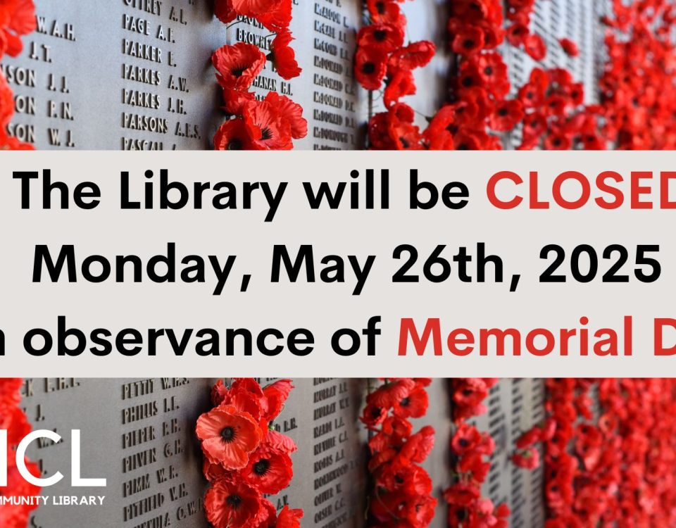 Graphic explaining that the Library will be closed on Memorial Day