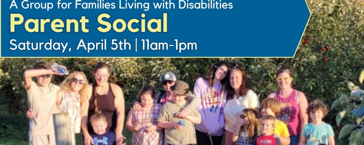Promotional image for the Place of Inclusion parent social. Features an image of a large group of parents with their children in an apple orchard during sunset.