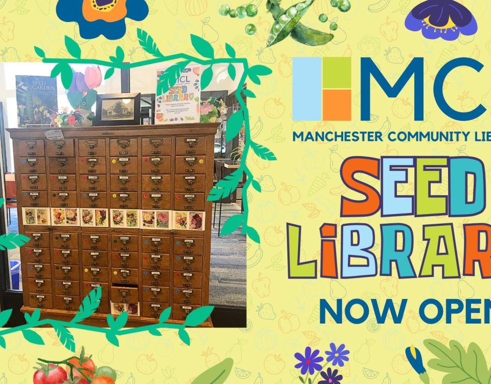 Promotional image for the opening of the MCL seed Library for the 2025 spring season. Depicts an old card catalog cabinet that has been repurposed for storing seeds.