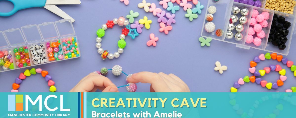 Promotional image for bracelet making with Amelie at the Library. Depicts a close-up image of two hands stringing beads onto a thin cord.