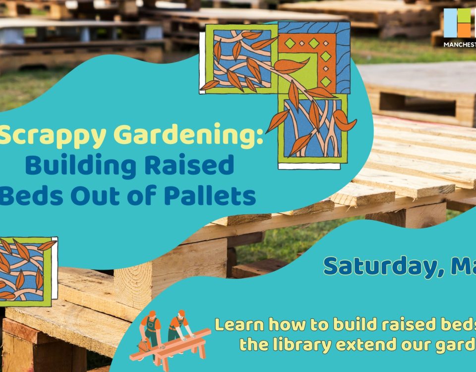 Promotional image for the event building raised beds for the community garden out of pallets at the Library.