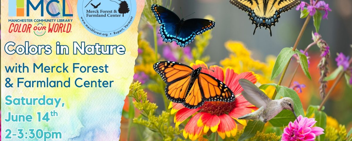 Promotional Image for Merck Forest & Farmland Center's Second Saturday program at the Library for June 2025, kicking off the Summer Reading Programming centered on the theme, "Color Our World". Depicts three species of butterflies and one hummingbird on the right side of the graphic against a summer garden backdrop, with the Manchester Community Library Summer Reading Program 2025 and the Merck Forest and Farmland Center logos with the event information on the left.