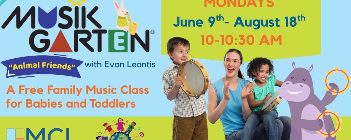 Promotional image for Musikgarten family music class for babies and toddlers. Features the Musikgarten logo, the Manchester Community Library logo, a family playing tambourines, an animated hippo playing a tambourine, and an animated rabbit playing a saxophone. The event information is in the upper righthand corner.
