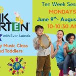 Promotional image for Musikgarten family music class for babies and toddlers. Features the Musikgarten logo, the Manchester Community Library logo, a family playing tambourines, an animated hippo playing a tambourine, and an animated rabbit playing a saxophone. The event information is in the upper righthand corner.