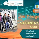 Promotional image for the Summer Music Series free outdoor concert by the Jim Yeager Band. Depicts the band, four men in casual dress standing against a white brick wall.