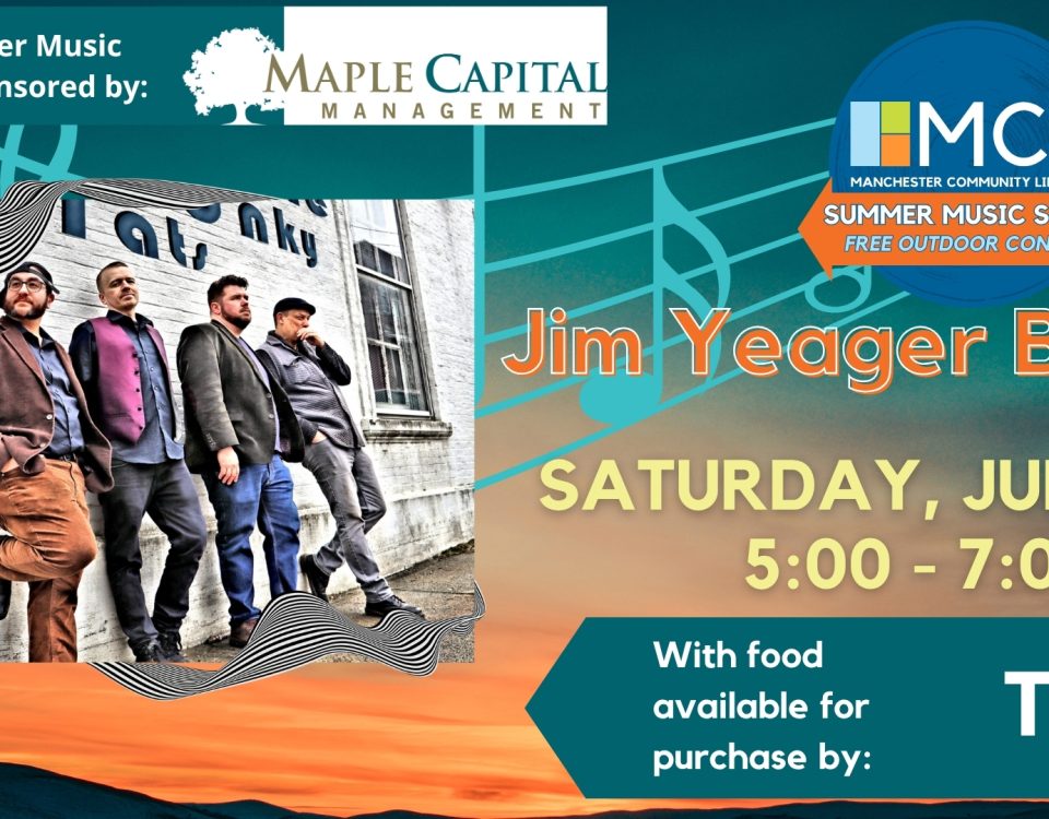 Promotional image for the Summer Music Series free outdoor concert by the Jim Yeager Band. Depicts the band, four men in casual dress standing against a white brick wall.
