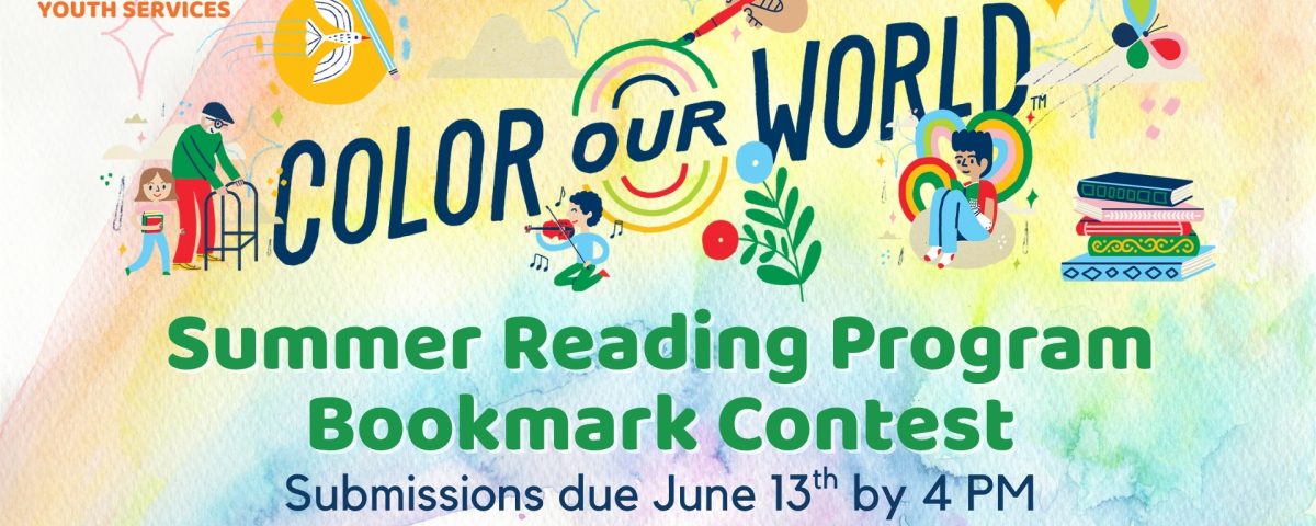 Promotional graphic for the 2025 Summer Reading Program bookmark contest at the Library. Colorful illustrated graphics surround the contest details, outlined in the text of the post.