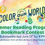 Promotional graphic for the 2025 Summer Reading Program bookmark contest at the Library. Colorful illustrated graphics surround the contest details, outlined in the text of the post.