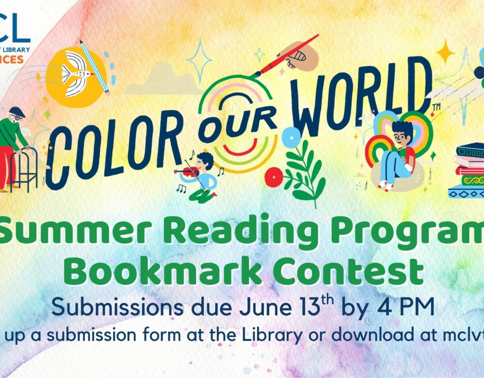 Promotional graphic for the 2025 Summer Reading Program bookmark contest at the Library. Colorful illustrated graphics surround the contest details, outlined in the text of the post.