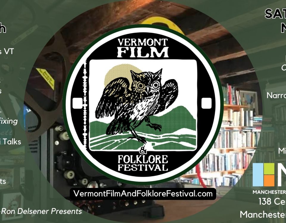 Promotional image for the Vermont Film and Folklore Festival events at the Library. Features a large Vermont Film and Folklore Festival logo and lists the dates and times for all events.
