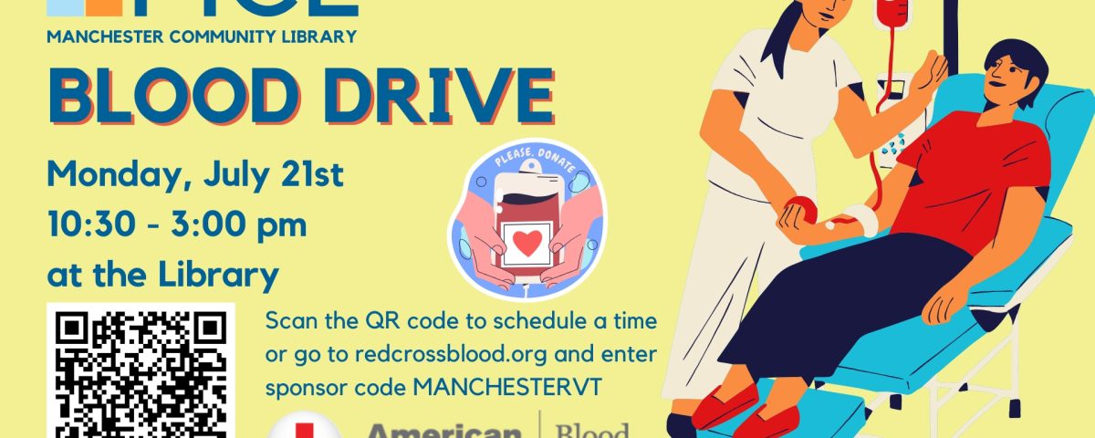 Promotional image for the red cross blood drive at the library. Includes blood drive details plus a QR code to scan to sign up, and an illustration of a nurse taking the blood from a blood donor. The American Red Cross logo and the MCL logo.