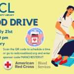 Promotional image for the red cross blood drive at the library. Includes blood drive details plus a QR code to scan to sign up, and an illustration of a nurse taking the blood from a blood donor. The American Red Cross logo and the MCL logo.