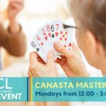 Promotional image for Canasta Masters weekly open play group at Manchester Community Library. Features a close-up image of people playing cards, from the perspective of someone looking over a card player's shoulder at their hand. Event information is along the bottom of the image against a teal colored banner.