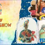 Promotional image for the comedy magic show for the Library's summer reading program. Event details are on the left against a paper watercolor background. On the right, three smaller images of the magician, Ed. One with balloon animals, and two performing magic tricks with audience members.