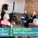 Promotional image for the weekly knitting club at Manchester Community Library. Depicts 10 women sitting in a circle with their fiber arts projects, having a pleasant conversation.
