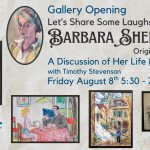 Promotional Image for the Gallery Opening featuring Barbara Shermund's original cartoons, called Let's Share Some Laughs. Features five images of Shermund's cartoons, including a self portrait, with the gallery opening details on the right. Manchester Community Library logo, address, and website in the lower left.