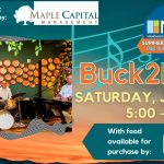 Promotional image for the Summer Music Series concert featuring Buck2Fifty. Features an image of three musicians, on the left an upright bass player, at the center, a drummer, and on the right, a keyboardist, playing in a funky-looking venue with dark green walls decorated with copper plates forming a wave pattern. Event information is on the right.
