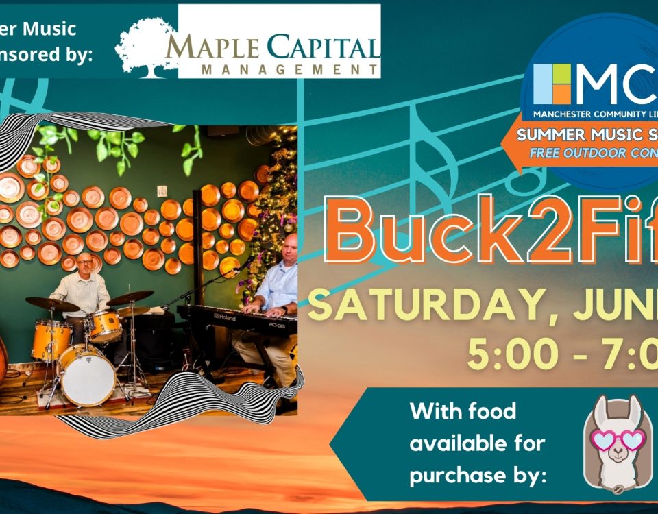Promotional image for the Summer Music Series concert featuring Buck2Fifty. Features an image of three musicians, on the left an upright bass player, at the center, a drummer, and on the right, a keyboardist, playing in a funky-looking venue with dark green walls decorated with copper plates forming a wave pattern. Event information is on the right.