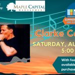 Promotional image for the summer music series concert featuring Clarke Comollo. The image features a man, Clarke, playing a harmonica on stage. Event information runs along the right side of the image. The Manchester Community Library Summer Music Series logo, the Maple Capital Management logo, and the Grateful Harvest Logo are also featured.