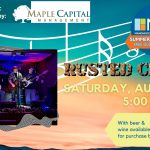 Promotional image for the summer music series concert featuring the grunge band Rusted Chains. Features an image of the band, two guitarists, a bassist, and a drummer, on a stage lit in blue and pink lights. Event information is to the left.