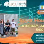 Promotional image for the summer music series concert by Sugar House Fire. Features an image of the band, five musicians standing on the marble patio outside of the Library. Event details are on the right.