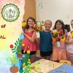 Six kids stand holding up vases of floral designs. The photo is framed on the bottom by illustrations of flowers. On the left, event details for the library's youth floral design workshop are displayed atop a rainbow of watercolors. The Manchester Community Library Summer Reading Program 2025: Color Our World logo and the Garden Club of Manchester logos are on the top of the page.