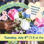 Promotional Image for Thinking Outside the Vase collaborative flower arranging workshop with the Garden Club of Manchester. Depicts a close-up image of two hands arranging flowers with the event information on top.