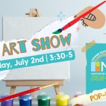 A miniature canvas stands with paints and a brush beneath it. Text in the foreground reads, "Tiny Art Show, Wednesday, July second, 3:30 to 5:00 pm". The Manchester Community Library Summer Reading 2025 logo, featuring a rainbow and the theme "Color Our World" is in the lower right corner against a teal piece of graphically rendered paper. There is a torn strip of paper diagonally across the bottom of the logo that reads "Pop Up Craft".