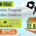 Promotional graphic for Bennington County Habitat for Humanity Homebuyer Program Information Sessions. The background features a blue sky with fluffy clouds. A hand holds a small house, and a keychain with house-shaped and heart-shaped tags dangles above. Text reads: “Homebuyer Program Information Sessions.” Two dates are listed: “Tuesday, August 5th & Thursday, August 15th, 5:30–6:30 PM.” The event is “at the MCL – Manchester Community Library.” The Habitat for Humanity logo is displayed at the top left.