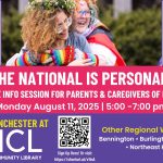 Flyer featuring two smiling individuals in colorful, rainbow-themed clothing and accessories. Logos of supporting organizations appear on the left and right sides. Left side logos: Vermont Department of Health, Outright Vermont, PFLAG Dorset, Rise Up for Youth Coalition, and Queer Connect. Right side logos: ACLU Vermont, Office of the Health Care Advocate, Manchester Community Library, Planned Parenthood of Northern New England, and Kingdom LGBTQ+ Youth Support. Text at the bottom highlights additional regional watch parties in Bennington, Burlington, Upper Valley, and the Northeast Kingdom.